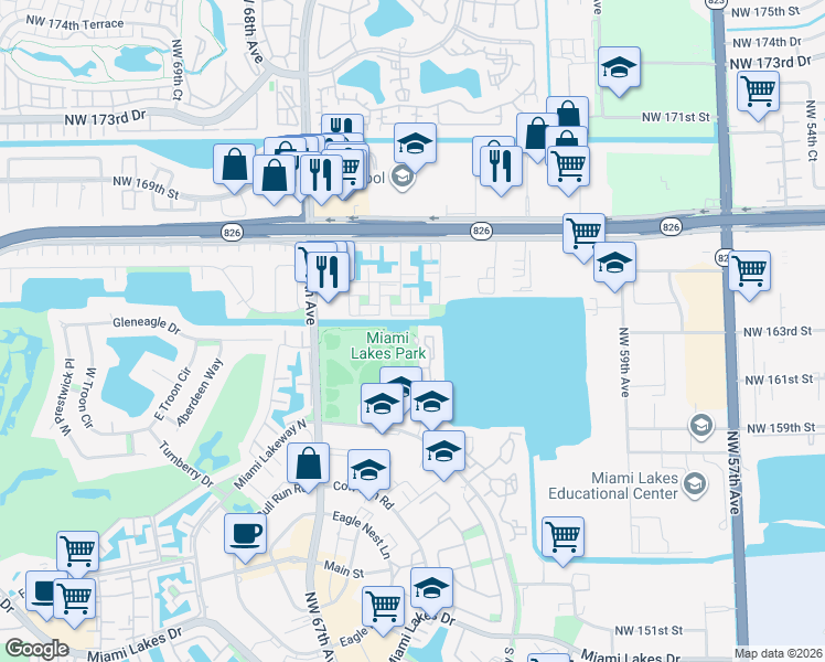 map of restaurants, bars, coffee shops, grocery stores, and more near 16285 Northwest 162nd Street in Miami Lakes