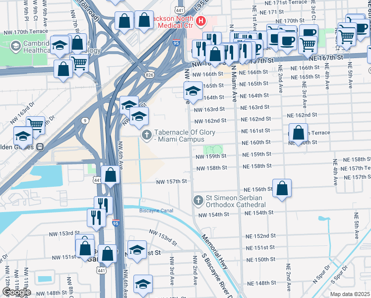 map of restaurants, bars, coffee shops, grocery stores, and more near 16000 Northwest 2nd Avenue in Miami