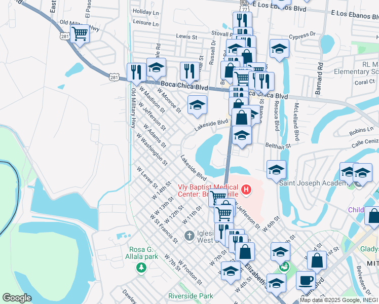 map of restaurants, bars, coffee shops, grocery stores, and more near 1500 Lakeside Boulevard in Brownsville