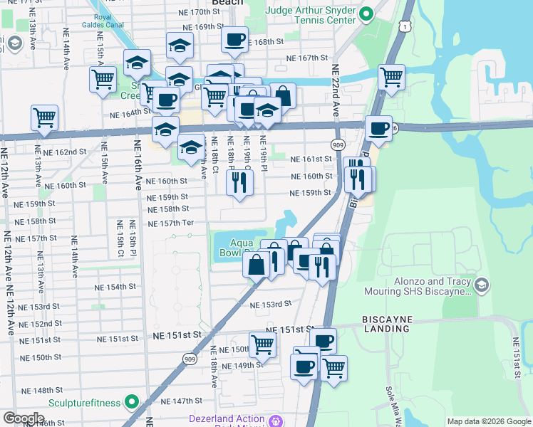 map of restaurants, bars, coffee shops, grocery stores, and more near 15765 Northeast 19th Place in North Miami Beach