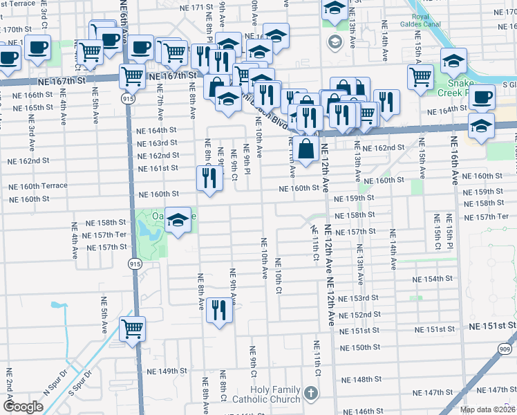map of restaurants, bars, coffee shops, grocery stores, and more near 1010 Northeast 159th Street in North Miami Beach