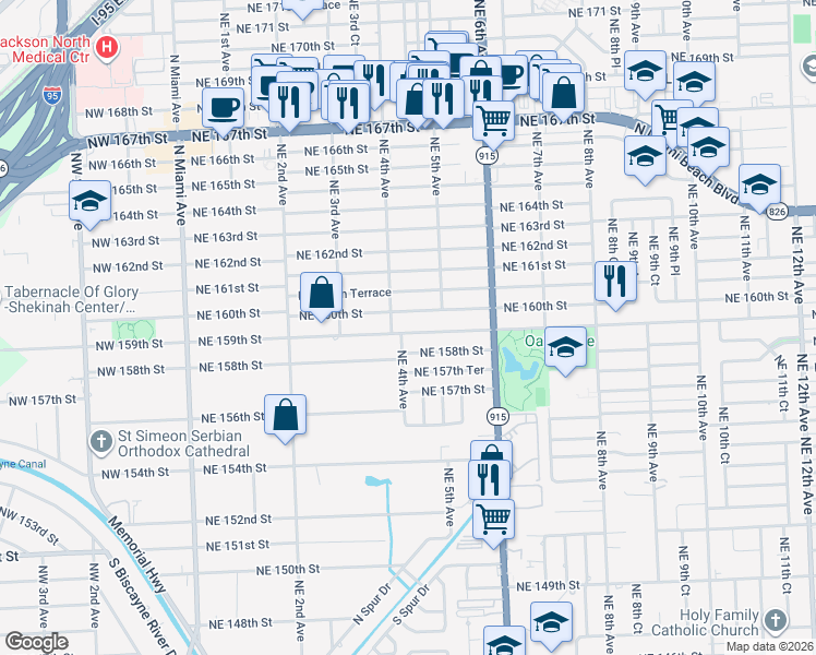 map of restaurants, bars, coffee shops, grocery stores, and more near 436 Northeast 160th Street in Miami