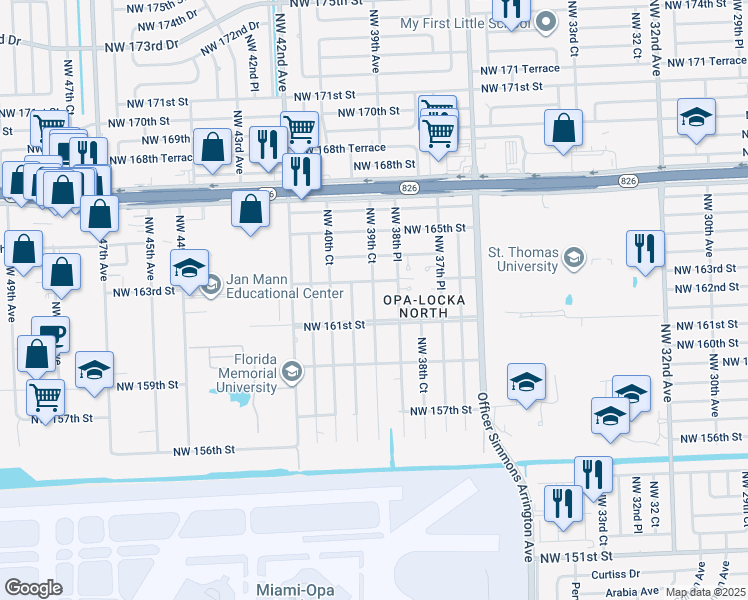 map of restaurants, bars, coffee shops, grocery stores, and more near 16205 Northwest 39th Court in Miami Gardens