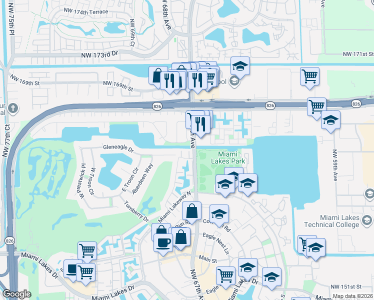 map of restaurants, bars, coffee shops, grocery stores, and more near 6733 Kingsmoor Way in Miami Lakes