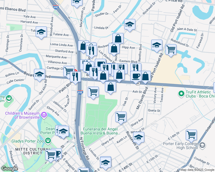 map of restaurants, bars, coffee shops, grocery stores, and more near 2336 Boca Chica Boulevard in Brownsville