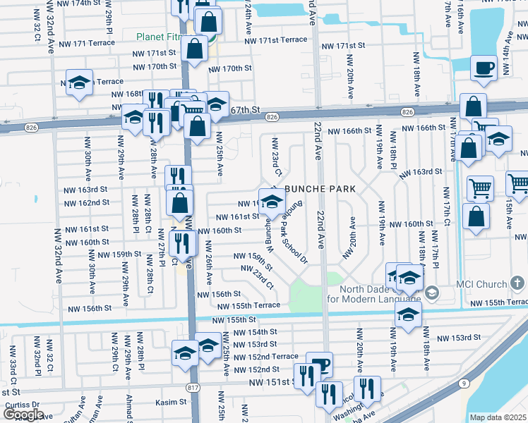 map of restaurants, bars, coffee shops, grocery stores, and more near 2355 West Bunche Park Drive in Opa-locka