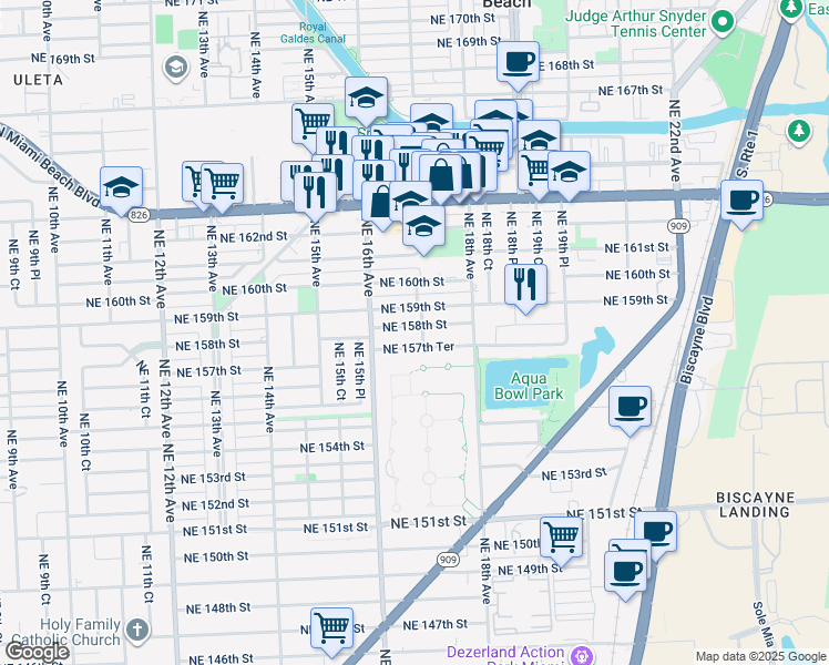 map of restaurants, bars, coffee shops, grocery stores, and more near 1696 Northeast 158th Street in North Miami Beach