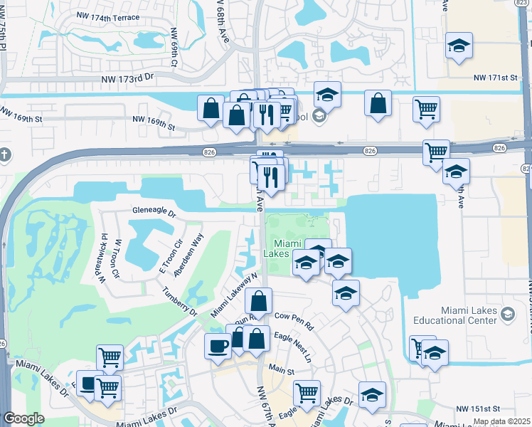 map of restaurants, bars, coffee shops, grocery stores, and more near 87436 Ludlam Road in Miami Lakes