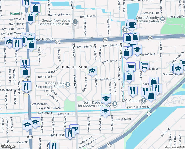 map of restaurants, bars, coffee shops, grocery stores, and more near 16121 East Bunche Park Drive in Opa-locka