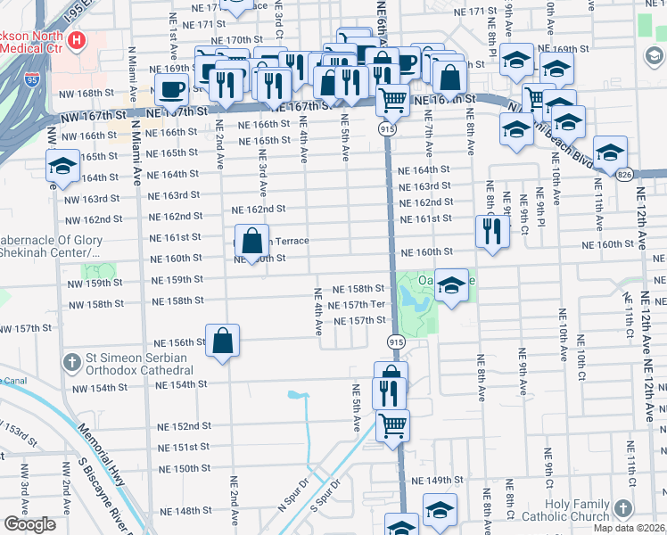 map of restaurants, bars, coffee shops, grocery stores, and more near 436 Northeast 160th Street in Miami