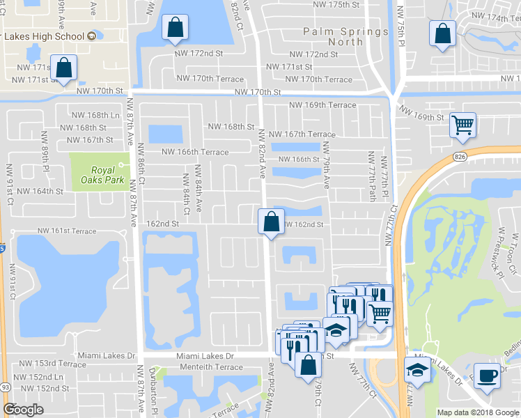 map of restaurants, bars, coffee shops, grocery stores, and more near 8210 Northwest 163rd Street in Miami Lakes