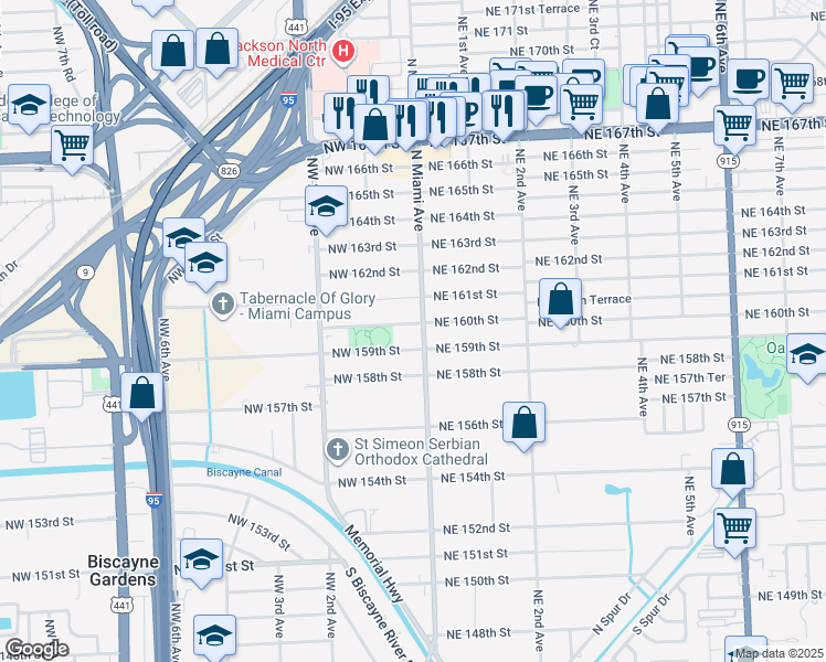 map of restaurants, bars, coffee shops, grocery stores, and more near 40 NW 160th St in Miami