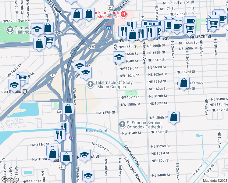 map of restaurants, bars, coffee shops, grocery stores, and more near 16000 Northwest 2nd Avenue in Miami