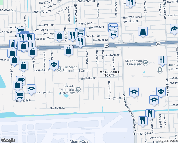 map of restaurants, bars, coffee shops, grocery stores, and more near 16225 Northwest 40th Court in Opa-locka