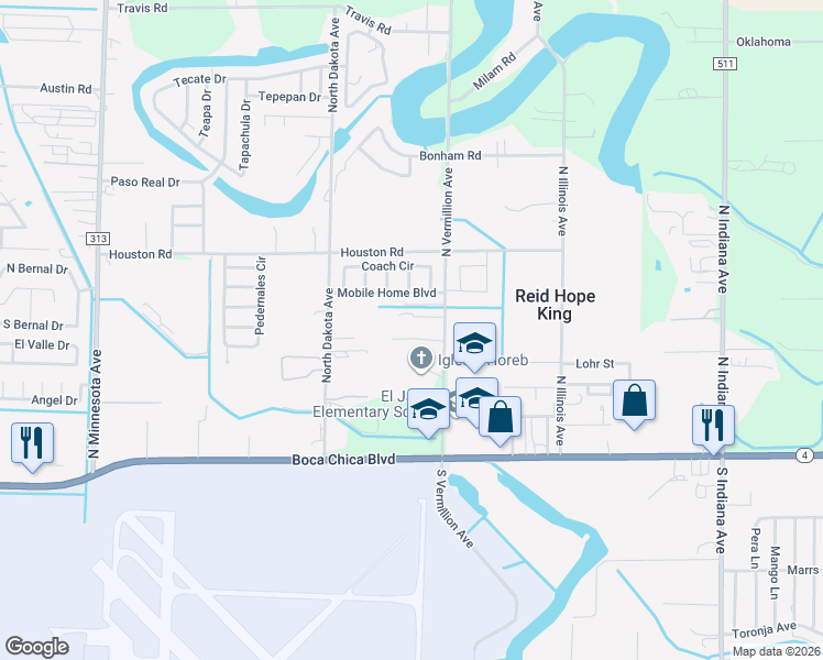 map of restaurants, bars, coffee shops, grocery stores, and more near 6825 Figueroa Court in Brownsville