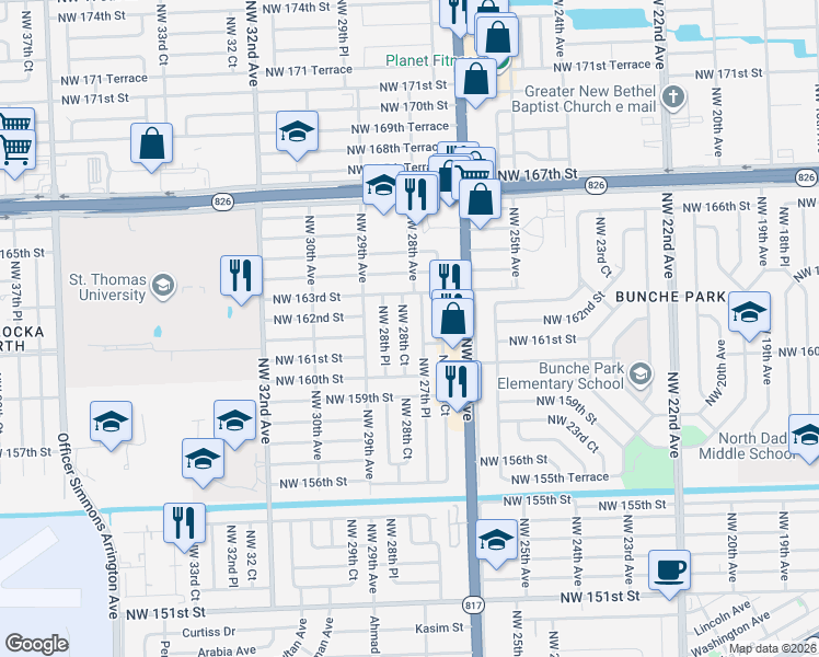 map of restaurants, bars, coffee shops, grocery stores, and more near 16135 Northwest 28th Court in Opa-locka