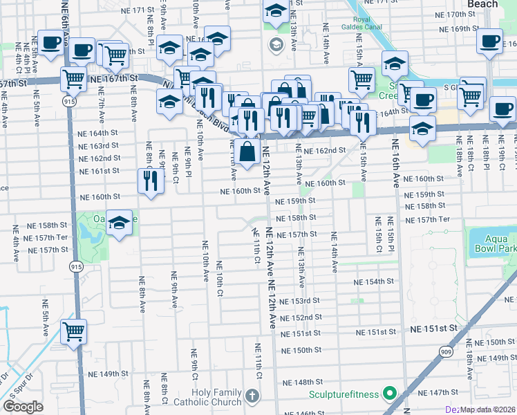 map of restaurants, bars, coffee shops, grocery stores, and more near 1180 Northeast 159th Street in North Miami Beach