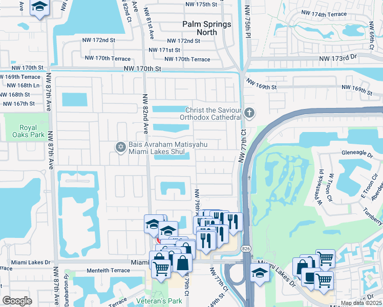 map of restaurants, bars, coffee shops, grocery stores, and more near 16242 Northwest 79th Avenue in Hialeah