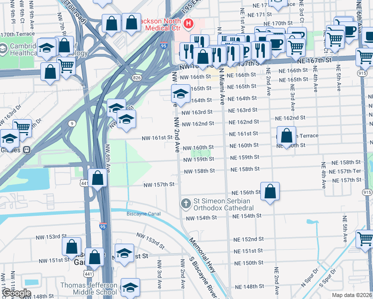 map of restaurants, bars, coffee shops, grocery stores, and more near 234 Northwest 160th Street in Miami