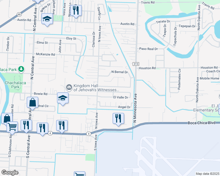 map of restaurants, bars, coffee shops, grocery stores, and more near 48 South Bernal Drive in Brownsville