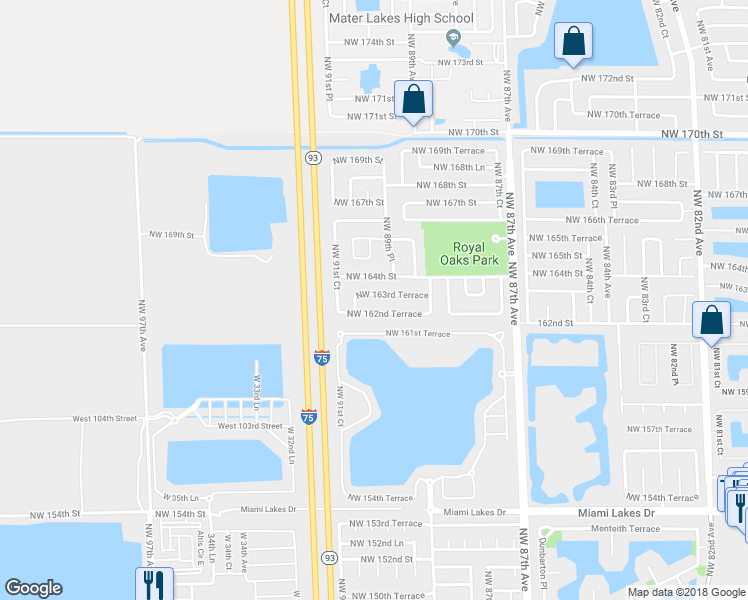 map of restaurants, bars, coffee shops, grocery stores, and more near 9052 Northwest 163rd Terrace in Hialeah