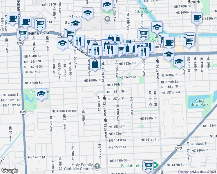 map of restaurants, bars, coffee shops, grocery stores, and more near 1250 Northeast 159th Street in North Miami Beach