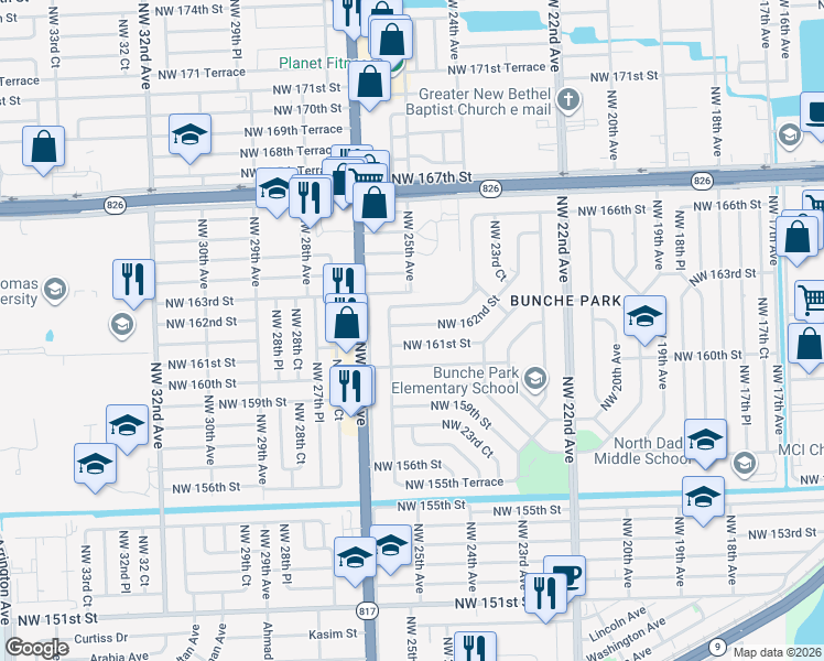 map of restaurants, bars, coffee shops, grocery stores, and more near 2530 Northwest 162nd Street in Opa-locka