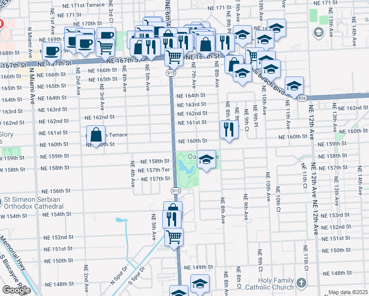 map of restaurants, bars, coffee shops, grocery stores, and more near 645 Northeast 159th Street in Miami
