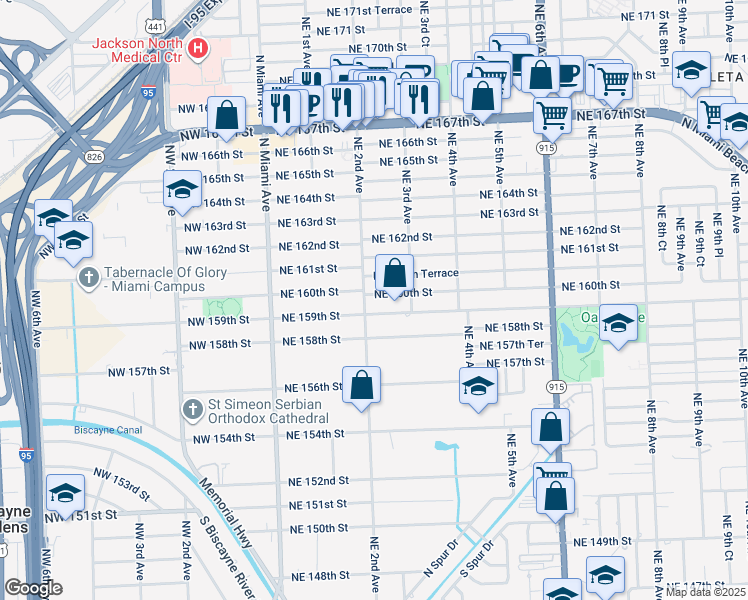 map of restaurants, bars, coffee shops, grocery stores, and more near 200 Northeast 160th Street in Miami