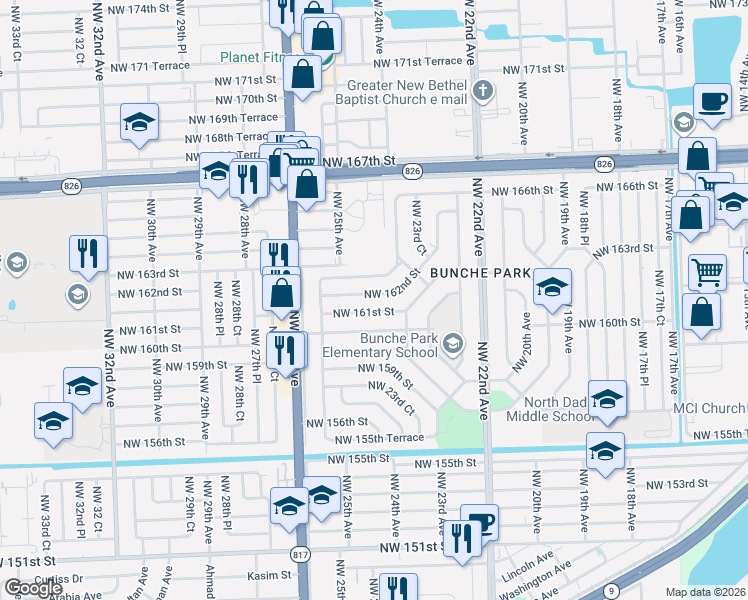 map of restaurants, bars, coffee shops, grocery stores, and more near 2430 Northwest 162nd Street in Miami Gardens