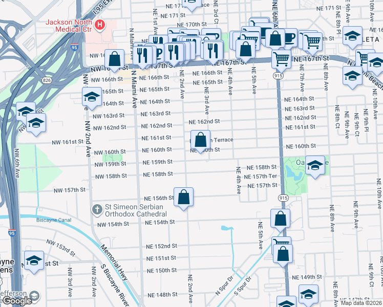 map of restaurants, bars, coffee shops, grocery stores, and more near 200 Northeast 160th Street in Miami