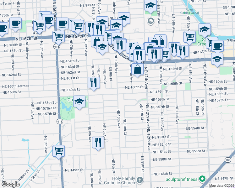 map of restaurants, bars, coffee shops, grocery stores, and more near 1010 Northeast 159th Street in North Miami Beach