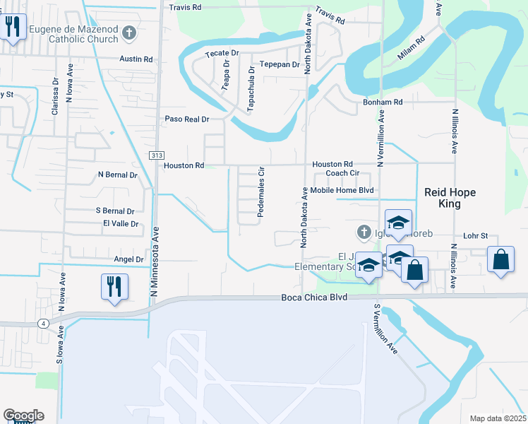 map of restaurants, bars, coffee shops, grocery stores, and more near 476 Pedernales Circle in Brownsville