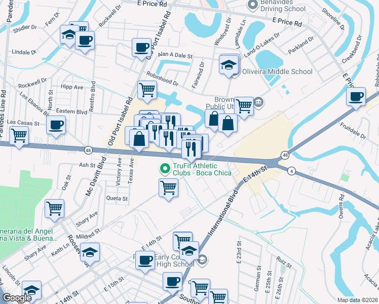 map of restaurants, bars, coffee shops, grocery stores, and more near 3147 Boca Chica Boulevard in Brownsville