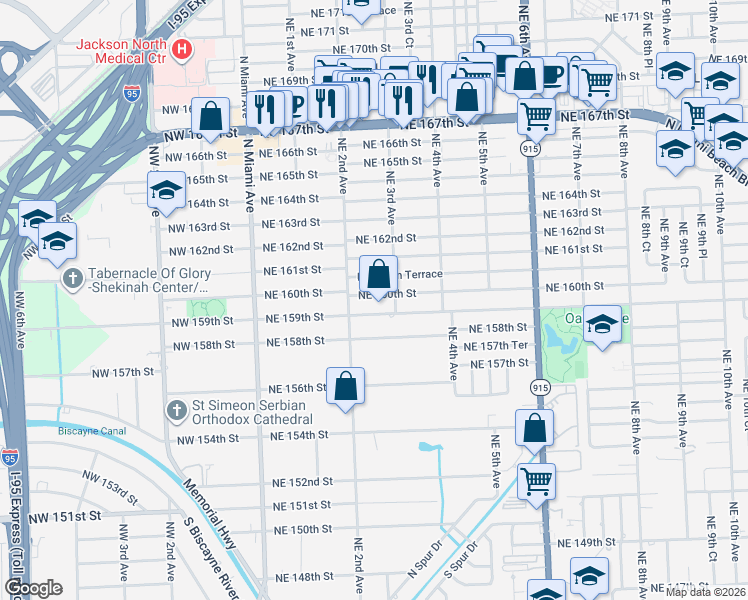 map of restaurants, bars, coffee shops, grocery stores, and more near 270 Northeast 160th Street in Miami