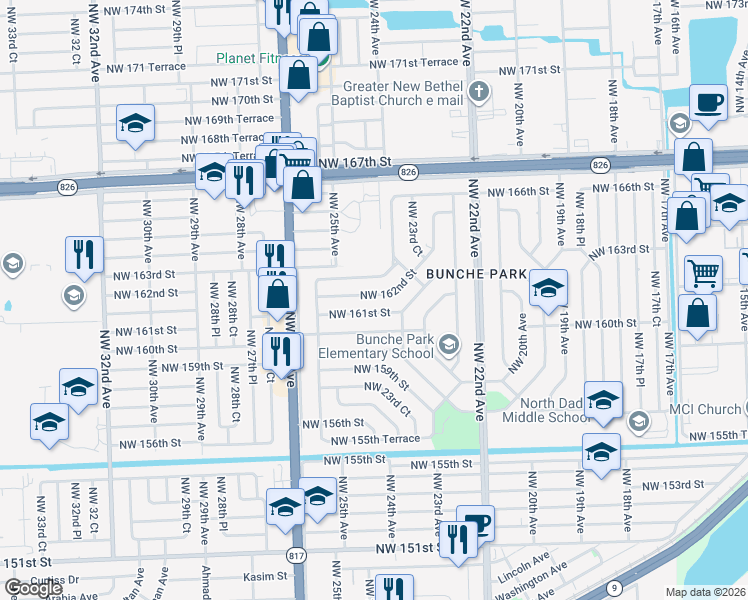 map of restaurants, bars, coffee shops, grocery stores, and more near 2430 Northwest 162nd Street in Miami Gardens