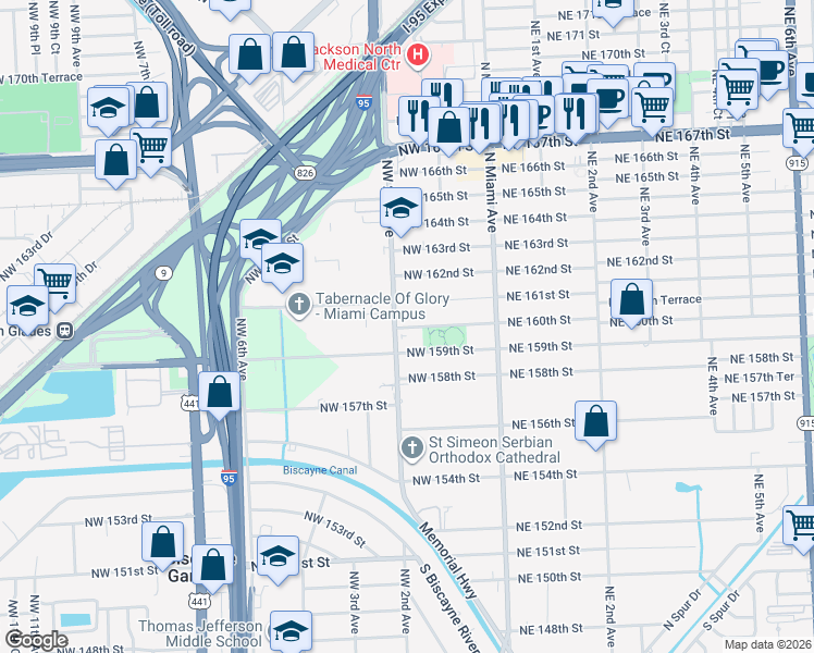 map of restaurants, bars, coffee shops, grocery stores, and more near 234 Northwest 160th Street in Miami