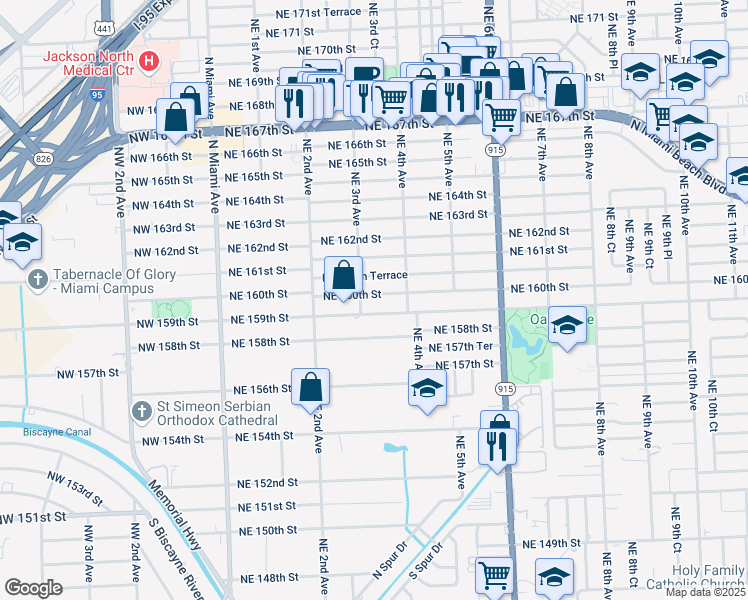 map of restaurants, bars, coffee shops, grocery stores, and more near 340 Northeast 160th Street in Miami