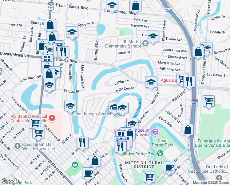 map of restaurants, bars, coffee shops, grocery stores, and more near 214 Calle Cenizo in Brownsville