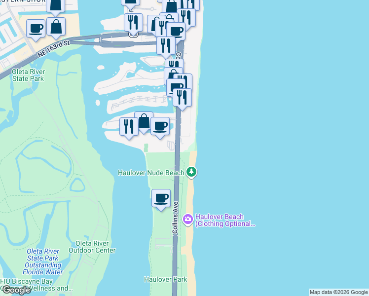 map of restaurants, bars, coffee shops, grocery stores, and more near 15645 Collins Avenue in Sunny Isles Beach