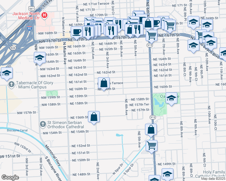 map of restaurants, bars, coffee shops, grocery stores, and more near 340 Northeast 160th Street in Miami