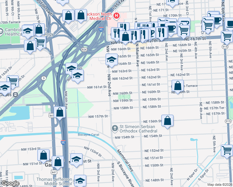 map of restaurants, bars, coffee shops, grocery stores, and more near 234 Northwest 160th Street in Miami