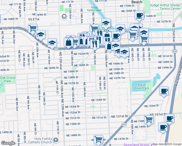map of restaurants, bars, coffee shops, grocery stores, and more near 15861 Northeast 14th Court in North Miami Beach