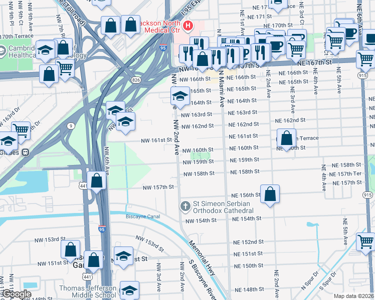map of restaurants, bars, coffee shops, grocery stores, and more near 234 Northwest 160th Street in Miami