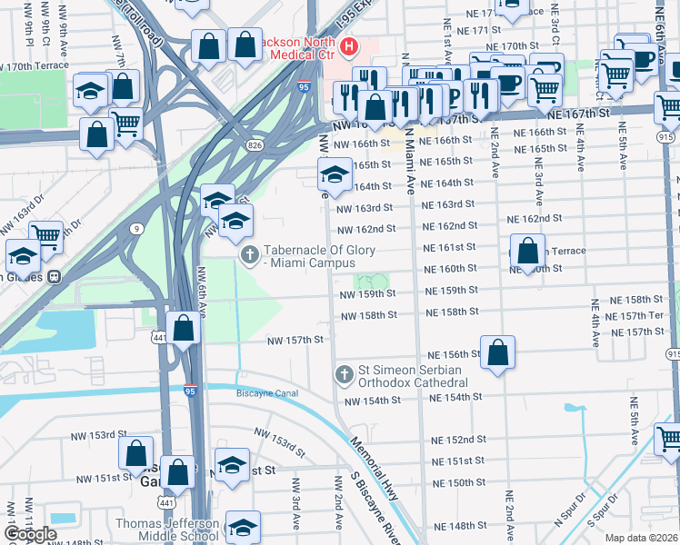 map of restaurants, bars, coffee shops, grocery stores, and more near 234 Northwest 160th Street in Miami