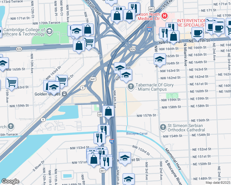 map of restaurants, bars, coffee shops, grocery stores, and more near 15901-16099 Northwest 6th Avenue in Miami