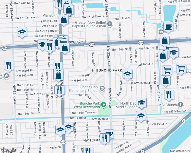 map of restaurants, bars, coffee shops, grocery stores, and more near 2355 West Bunche Park Drive in Opa-locka