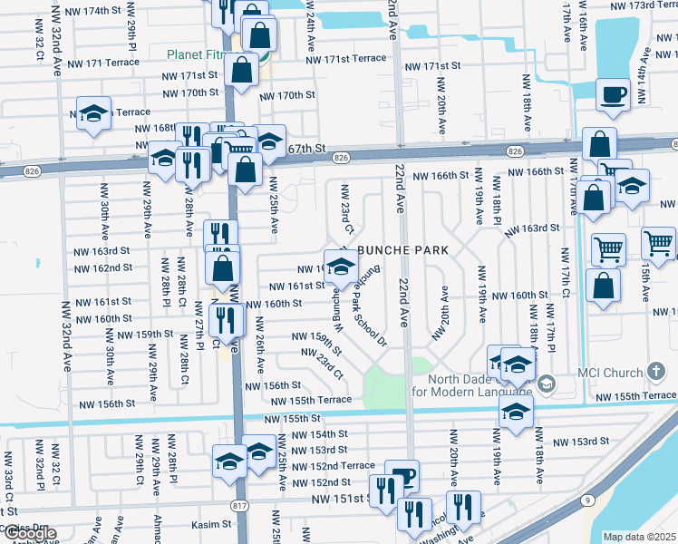 map of restaurants, bars, coffee shops, grocery stores, and more near 2355 West Bunche Park Drive in Opa-locka