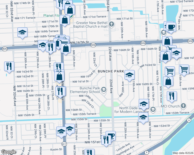 map of restaurants, bars, coffee shops, grocery stores, and more near 2355 West Bunche Park Drive in Opa-locka