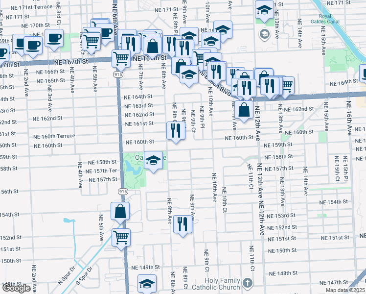map of restaurants, bars, coffee shops, grocery stores, and more near 885 Northeast 159th Street in North Miami Beach